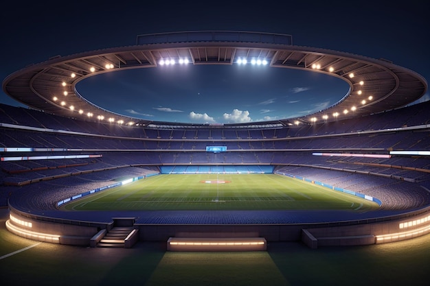 stadio di calcio di notte vista dall'alto di uno stadio di calcio di notte con le luci sul rendering 3D