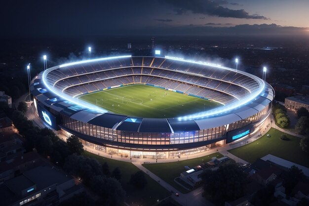 stadio di calcio di notte vista dall'alto di uno stadio di calcio di notte con le luci sul rendering 3D