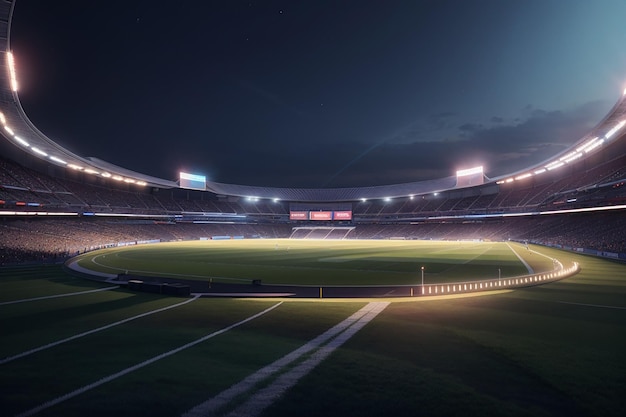 stadio di calcio di notte vista dall'alto di uno stadio di calcio di notte con le luci sul rendering 3D