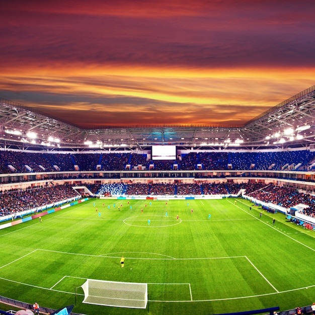 Stadio di calcio, luci brillanti, vista dal campo. Concetto di calcio