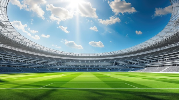 Stadio di calcio luminoso e vuoto con il cielo limpido