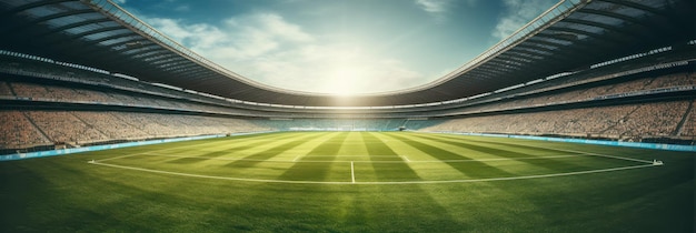 Stadio di calcio o di calcio con campo verde e cielo blu IA generativa