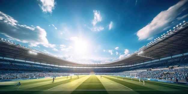 Stadio di calcio o di calcio con sfondo campo verde IA generativa