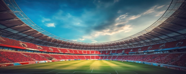 Stadio di calcio o di calcio con sfondo campo verde IA generativa