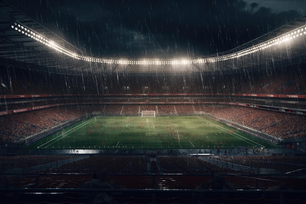 Stadio di calcio sotto la pioggia con gradinate rosse e un palo sullo sfondo.