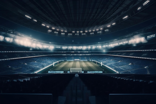 Stadio di calcio vuoto con luci e sedili IA generativa