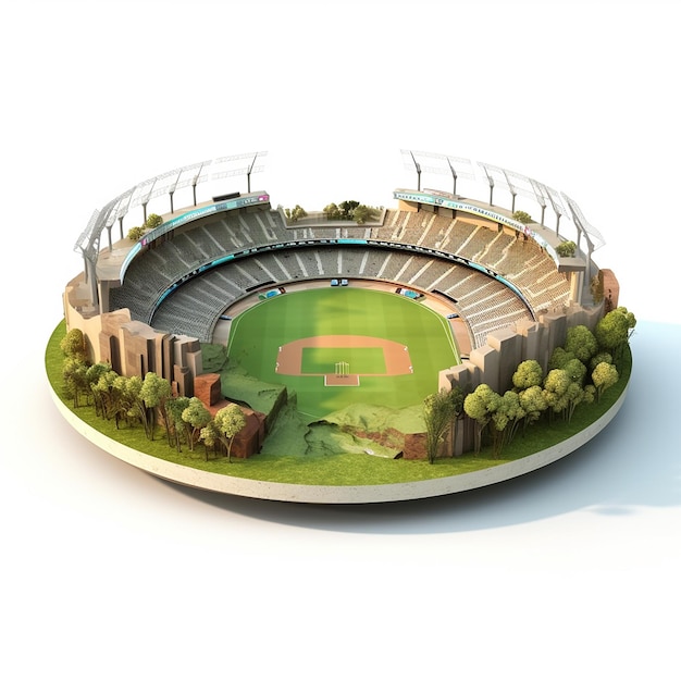 Stadio di cricket rotondo tagliato fuori terra campo da gioco vuoto illustrazione 3D