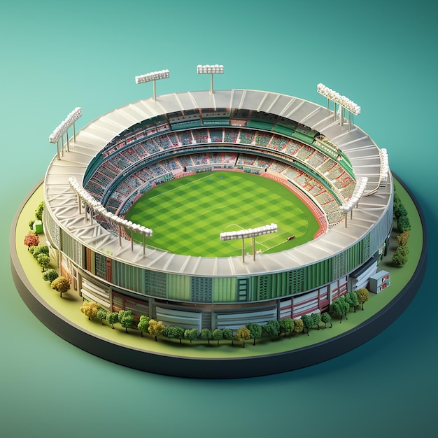 Stadio di cricket rotondo tagliato fuori terra campo da gioco vuoto illustrazione 3D