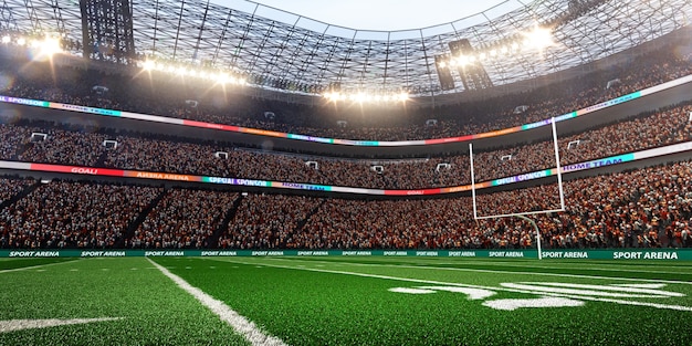 Stadio di football americano con sfondo di riflettori, rendering 3d