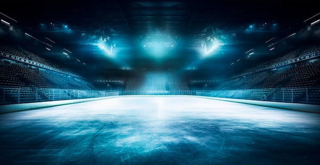 Stadio di hockey arena sportiva vuota con pista di pattinaggio su ghiaccio sfondo freddo Immagine generata dall'intelligenza artificiale
