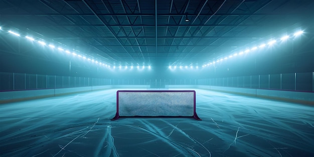 Stadio di hockey arena sportiva vuota con pista di pattinaggio su ghiaccio sullo sfondo freddo