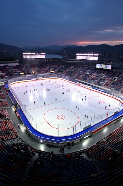 stadio di hockey su ghiaccio pista vuota e stadio illuminato sport professionistico di hockey su ghiaccio