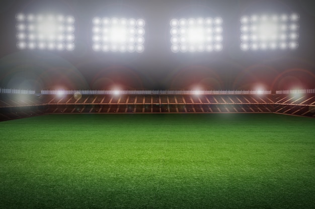 Stadio di rendering 3D con campo di calcio