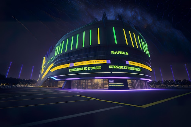 Stadio futuristico con design moderno con luci al neon di notte AI generativa