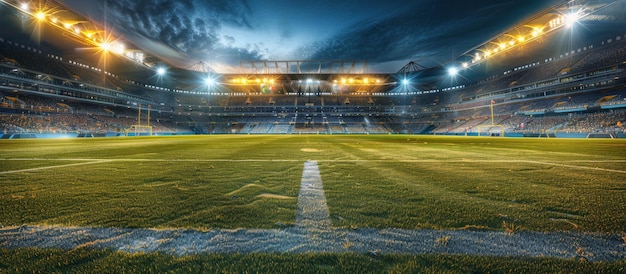 Stadio illuminato con campo verde di notte