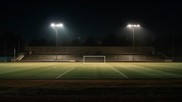 Stadio in erba universale illuminato da faretti e campo da gioco in erba verde vuoto generativo ai