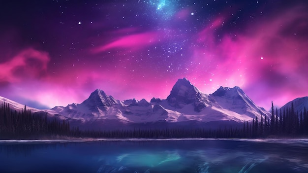 Staggering Mountains con Aurora Borealis Fuchsia Sky Stabilimento con copyspace AI Generato
