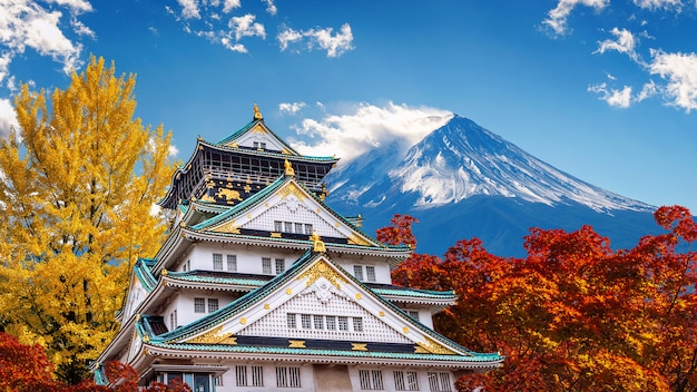 Stagione autunnale con montagna Fuji e castello in Giappone.