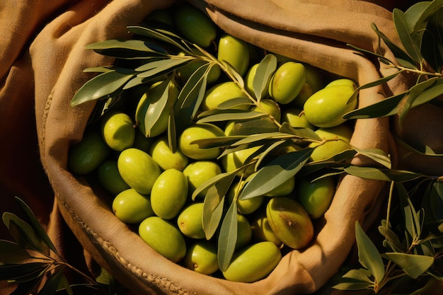 Stagione di raccolta dell'oliveto Olive verdi mature in sacchi close-up