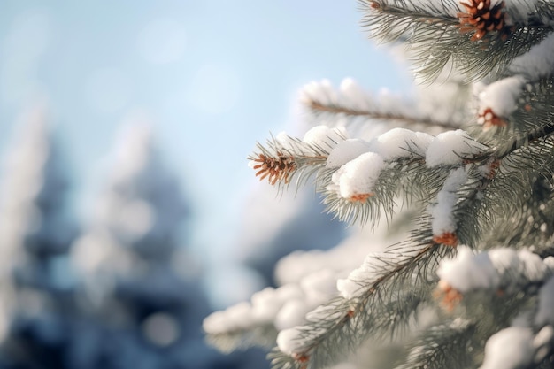 Stagione invernale con calotte di neve coperte rami di pino nella festa di Natale Generative Ai