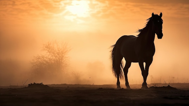 Stagliano cavallo arabo contro l'alba nella fitta nebbia