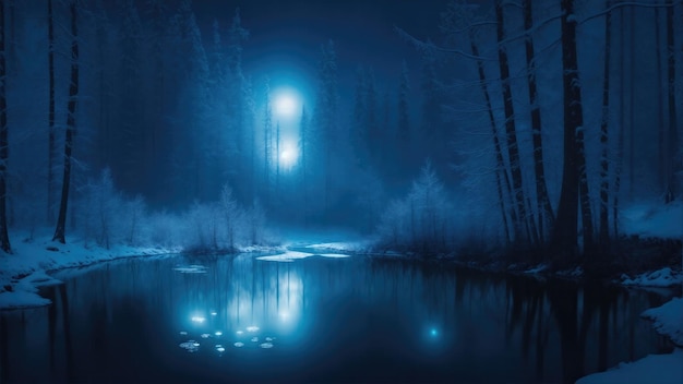 Stagno congelato nella notte della foresta con la luna