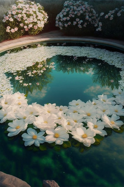 Stagno pieno di un sacco di fiori bianchi ai generativa