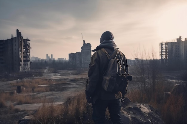 Stalker solitario e città deserta in rovina AI Generato