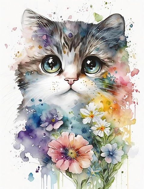 Stampa artistica di gatto con il gatto dipinto con fiori di cat art