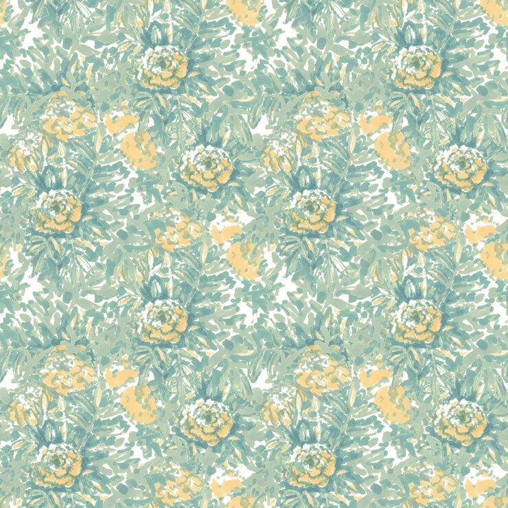 Stampa botanica vintage con motivo floreale senza cuciture con piante disegnate a mano Disegno elegante ripetuto con fiori gialli e foglie blu Illustrazione botanica con un giardino