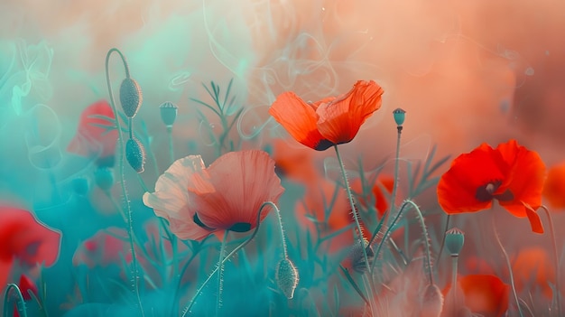 Stampa d'arte da parete vibrante con semplici fiori di papaveri astratti poster d'arte floreale artistico orizzontale