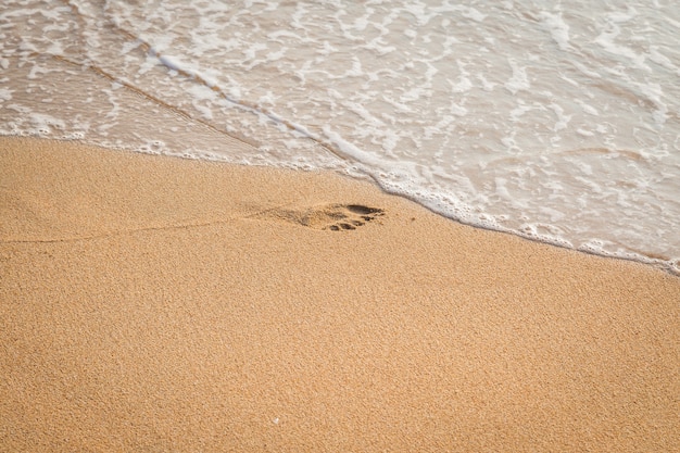 Stampa del piede del bambino sullo sfondo spiaggia