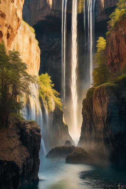 Stampa metallica digitale Un paesaggio mistico pieno di alte montagne cascate in cascata