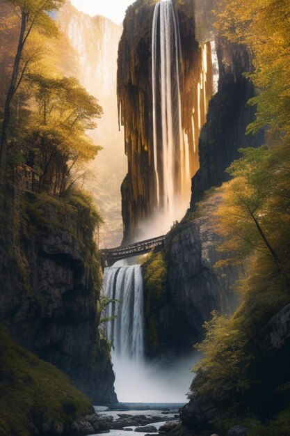 Stampa metallica digitale Un paesaggio mistico pieno di alte montagne cascate in cascata