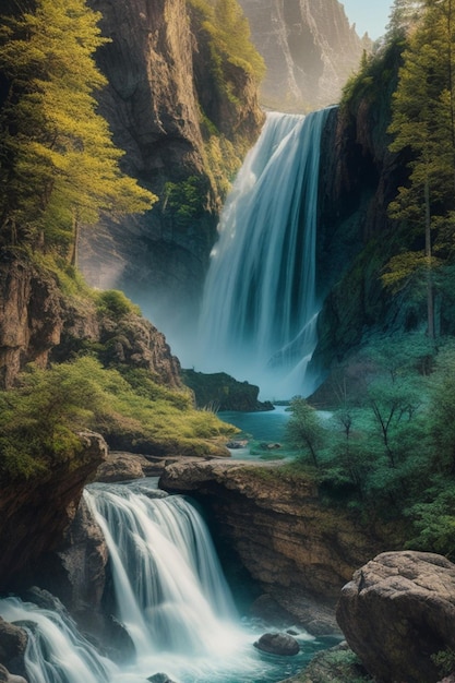 Stampa metallica digitale Un paesaggio mistico pieno di alte montagne cascate in cascata