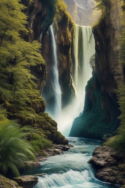 Stampa metallica digitale Un paesaggio mistico pieno di alte montagne cascate in cascata