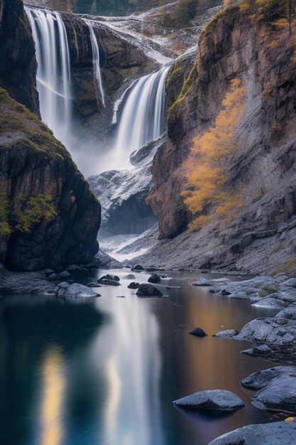 Stampa metallica digitale Un paesaggio mistico pieno di alte montagne cascate in cascata