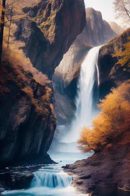 Stampa metallica digitale Un paesaggio mistico pieno di alte montagne cascate in cascata