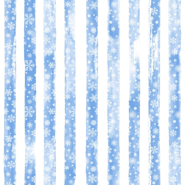 Stampa senza cuciture a strisce disegnata a mano dell'acquerello di inverno con i fiocchi di neve bianchi di bellezza. Sfondo bianco con strisce acquerello blu. Incartamento di regalo. Felice anno nuovo e buon Natale concetto.