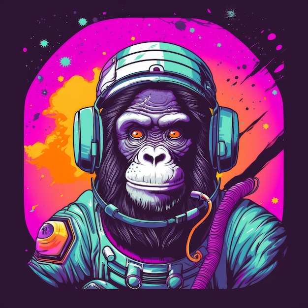 Stampa su maglietta Scimmia astronauta vettoriale in colori vivaci
