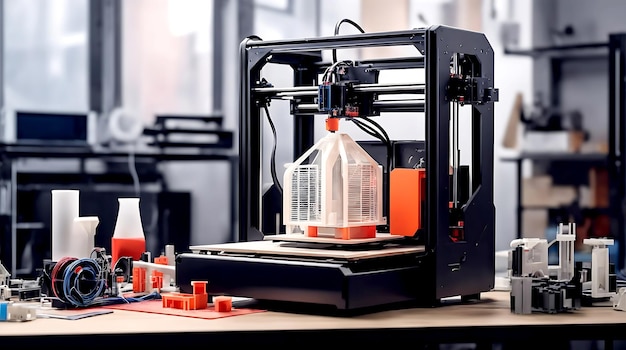 Stampante 3D sul posto di lavoro dell'ingegnere con schema tecnico astratto di tecnologie additive