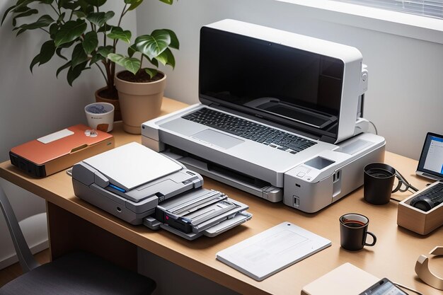 Stampante e laptop ad angolo alto sulla scrivania