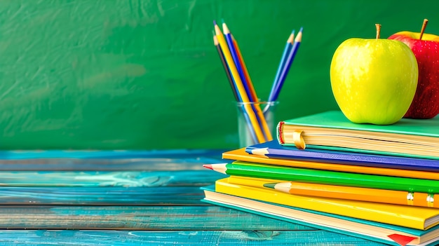 Stampi luminosi e colorati su una scrivania di legno contro una lavagna verde Educazione e rifornimenti scolastici Perfetti per i temi di BacktoSchool AI