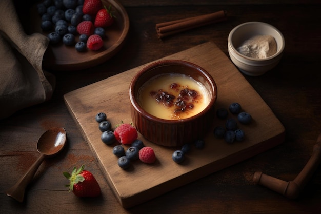 Stampo Creme Brulee Crosta di zucchero caramellata Base di crema pasticcera cremosa Guarnizione di frutti di bosco freschi