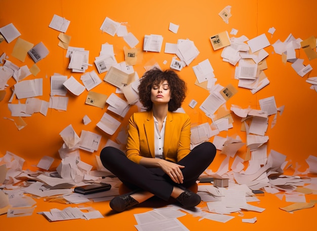 Stanco del lavoro e di molti compiti, una donna seduta di fronte allo sfondo arancione del muro Note, idee, compiti b