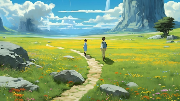 Stand by Me è un'opera d'arte ispirata allo Studio Ghibli che abbraccia l'amicizia e l'avventura.