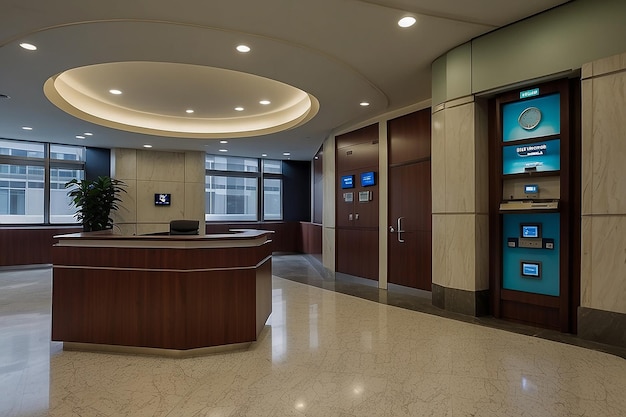 Stand del cliente con bancone digitale in grande spazio aperto prospettiva di ufficio realistico rendering 3D dell'interno della banca