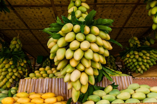 Stand del festival del mango con frutti di mango gialli freschi nel mercato di strada