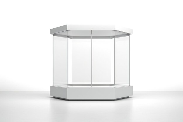 Stand di esposizione di vetro bianco vuoto per la presentazione di prodotti e servizi su sfondo bianco