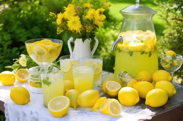 Stand di limonata estiva con limoni freschi e bicchieri d'acqua tagliati creati con intelligenza artificiale generativa